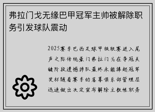 弗拉门戈无缘巴甲冠军主帅被解除职务引发球队震动