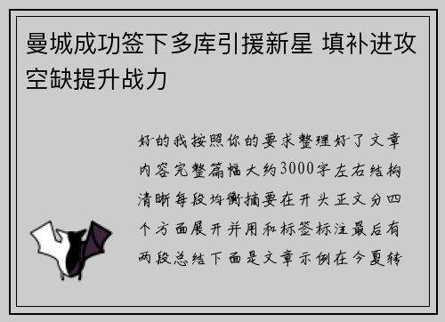 曼城成功签下多库引援新星 填补进攻空缺提升战力