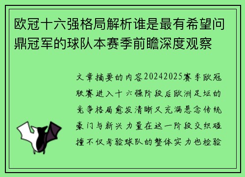 欧冠十六强格局解析谁是最有希望问鼎冠军的球队本赛季前瞻深度观察