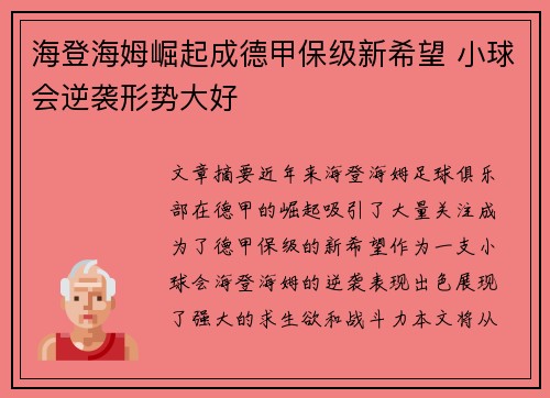 海登海姆崛起成德甲保级新希望 小球会逆袭形势大好