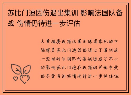 苏比门迪因伤退出集训 影响法国队备战 伤情仍待进一步评估